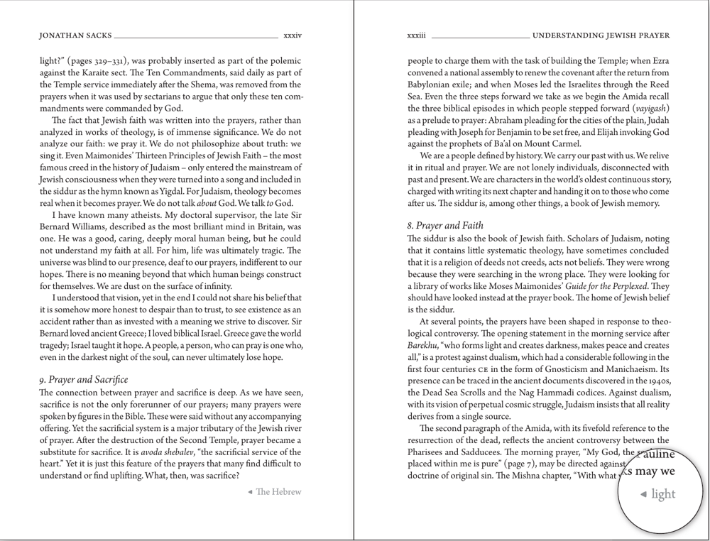 Jonathan Sacks’s English essay across a right-to-left spread, with next-text arrows The Hebrew and light; the light cue is enlarged in the original callout.