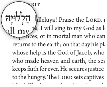 Enlarged Hebrew Halleluya at the beginning of its corresponding English passage.